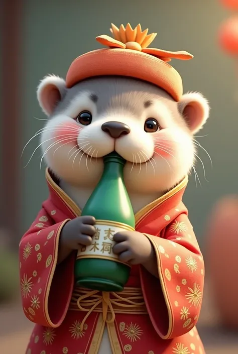 The cute sea otters cheeks are red, so she is wearing a hanbok and drinking a green bottle of sake with a lucky bag on her head 