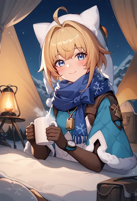 score_9, score_8_up, score_7_up, 1girl, smooth_anime,  LynxLandau, solo, blonde hair, short hair, ahoge, blue eyes,  fur-trimmed blue capelet, scarf, winter clothes, sweater, fur trim, white vest, blue pantyhose, wristwatch, black elbow gloves, long sleeve...