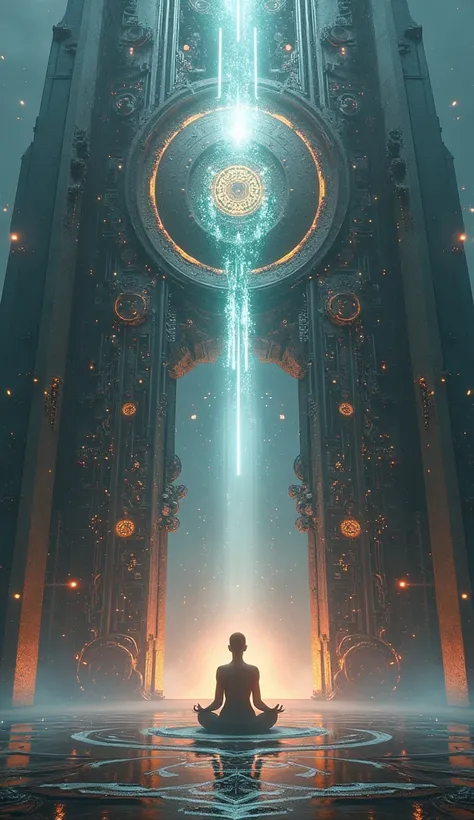 A massive mechanism crafted with ancient technology stands as the gateway to Shambhala. The structure is made of metallic-like materials with glowing circuits, and a meditating figure stands before it, channeling energy.