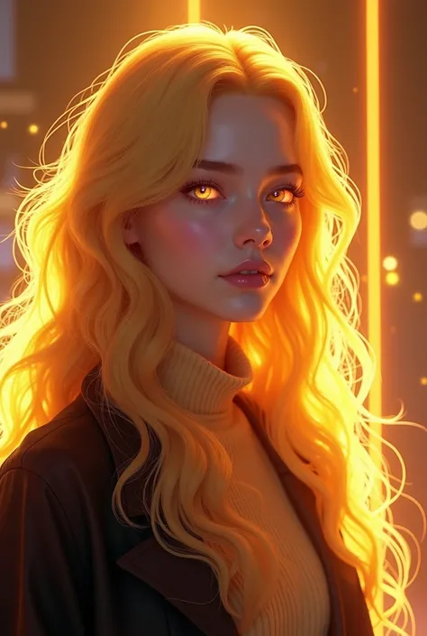 a photorealistic girl who can use light magic with silky  and curly long vibrant shimmering golden hair , and mesmerizing amethyst ping glowing eyes,she has sleek eyebrows and her eyebrows and eyelashes are same colour as her hair, there is a neon lighting...