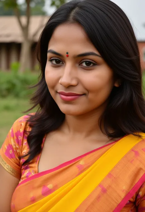 (RAW photo, natural lighting) Indian woman wearing colorful colorful saree blouse, 20 years old, (chubby cheeks:1.1), (curvy body:1.2), (eyeglasses), (bindi), An Indian beauty, charismatic, light Indian- skin, view the viewer, naughty smile, Indian village...