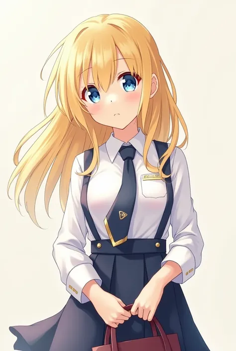 An anime beautiful blonde hair girl in a uniform, she has blue eyes and she is holding a bag