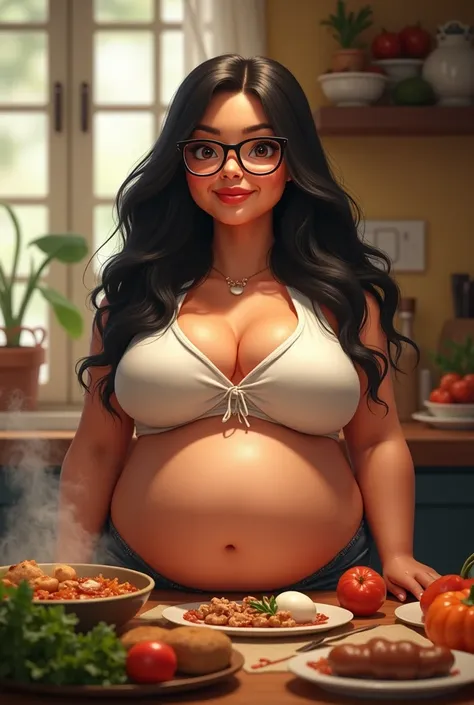 Woman who likes food , With a lot of belly , white,  long black hair with glasses