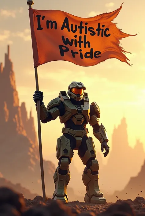 Create an Image of the Halo Master Chief holding a written Flag "Im Autistic with Pride "