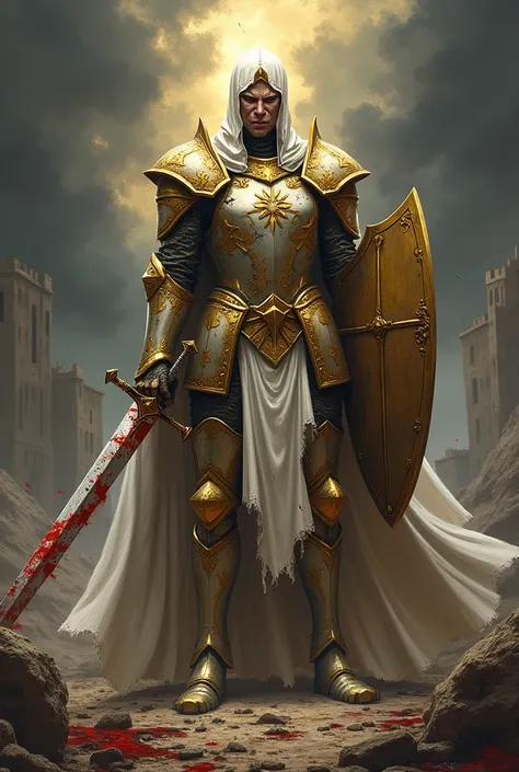  Create art in the style of Yu-Gi-Oh !  of a Fallen Templar ,  a warrior who was once a symbol of glory and holiness ,  now in ruins .  He wears divine armor visibly damaged and worn out ,  made of broken gold and white plates ,  with deep cracks and missi...