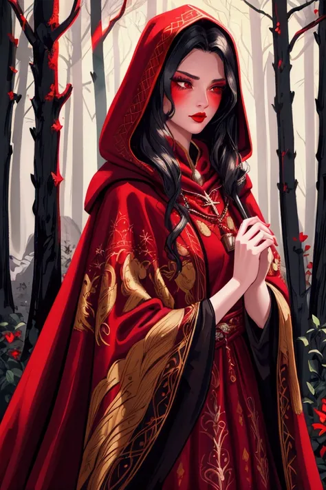 a beautiful girl in a red cloak, detailed facial features, long eyelashes, red lips, ringing bells, intricate embroidered patterns on the cloak, fantasy forest background, warm lighting, vibrant colors, digital painting, highly detailed, photorealistic, 8k...