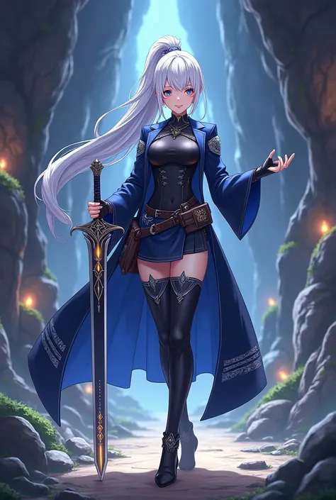 "A Japanese anime-style illustration of a 16-year-old girl in a modern isekai fantasy world. she has bust h cup size She has long, flowing light gray hair tied into a high ponytail that cascades elegantly down her back, with soft strands framing her delica...