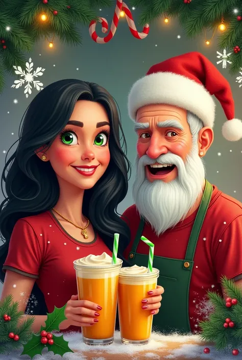  Christmas poster in the name of "juices and smoothies Luis and Sofi " 
Women(  green eyes, black hair 40 years old )
man (  padlock beard 50 years old) 