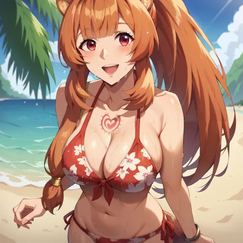 raphtalia , orange hair,  ruby red eyes  , happy smile, Big breasts cup D, floral print bikini ,  is walking on a  beach. A Single Woman  Woman .  wet body .