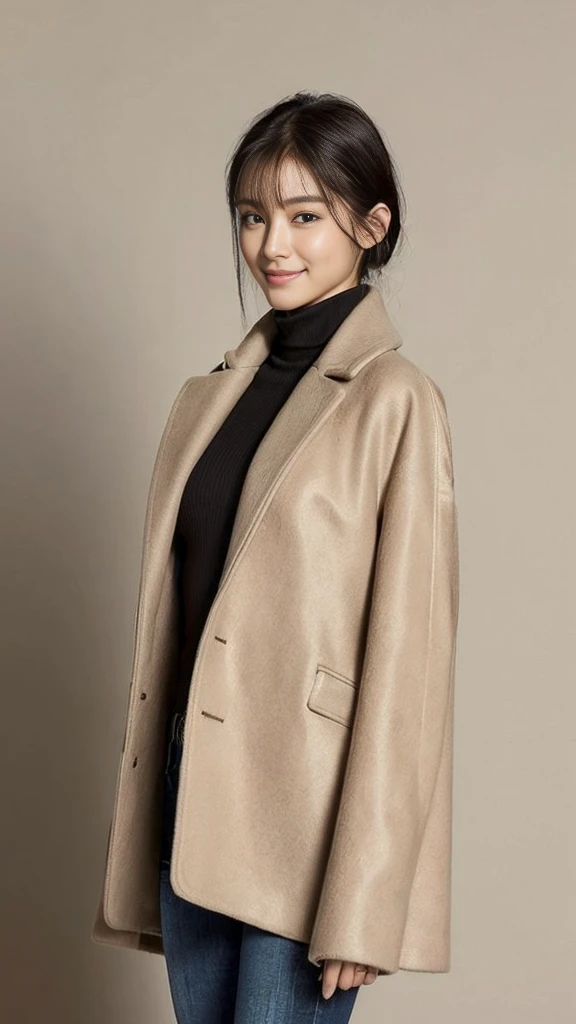 ( top quality :1.5), ( real:1.4), ( Ultra Fine:1.4), (1woman), (sharp face), (skinny), (skinny body), (super flat and small chest:1.2), (a beige coat over a black turtleneck long sleeve shirt and jeans), (tall), (bangs), (medium hair), (smile), (woman with...