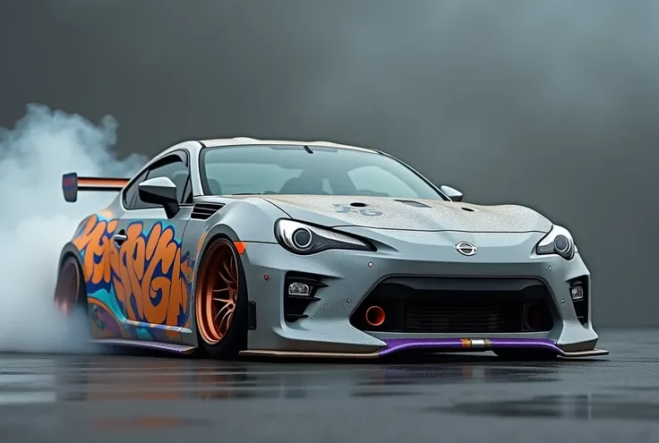 A custom-painted gray Nissan sports car, positioned slightly off-center towards the middle of the image.  The car is decorated with vibrant graffiti-style designs in bold colors, including orange, blue, purple, and yellow.  The paint appears layered and di...