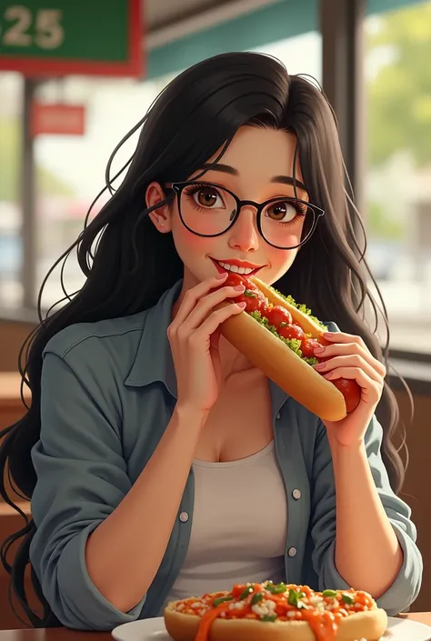 white woman with glasses,  long black hair , with a tummy , eating a hot dog