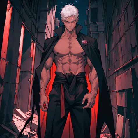 Man with defined muscles , Short white hair,  glowing eyes and red ,  Serious expression ,  wearing a black suit tied with a purple cape but naked below the waist, without pants with the penis out ,  hands around the waist, Abandoned building at night ,  a...