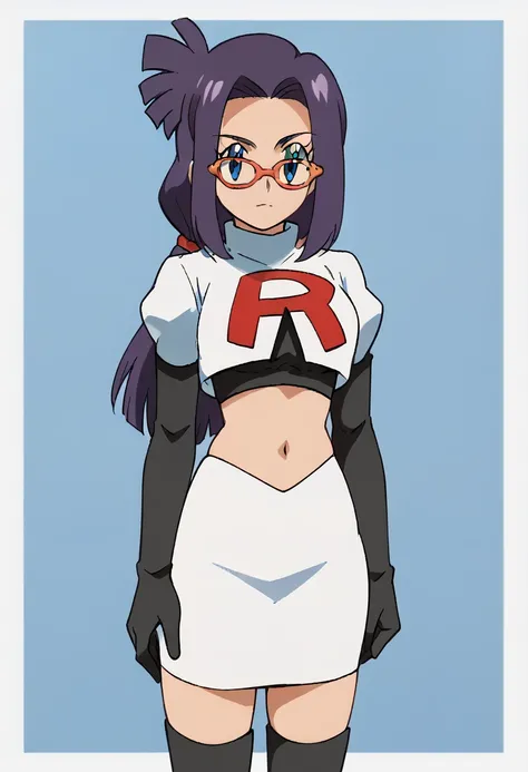 score_9, score_8_up, score_7_up, score_6_up, score_5_up, source_anime, anime_coloring, retro_artstyle, anime_screencap
PKMNLauren, 1girl, purple hair, long hair, blue eyes, glasses, red-framed eyewear,  team rocket,team rocket uniform,white skirt,red lette...