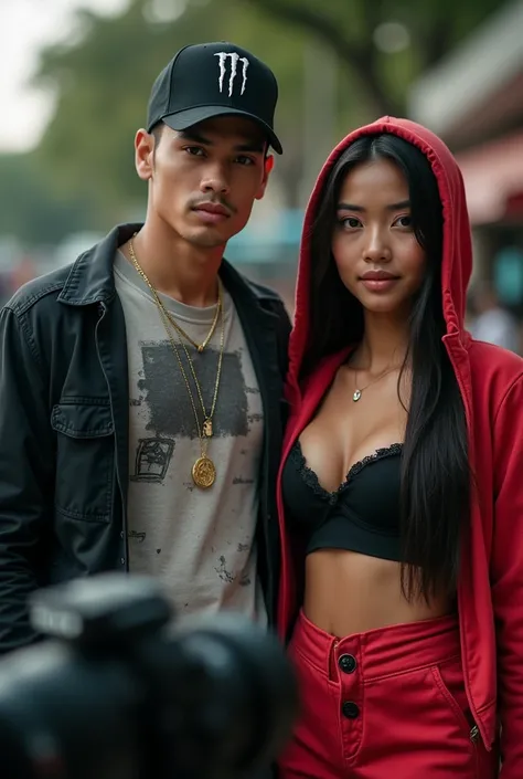 Handsome Indonesian man 25 years old wearing basketball cap  ( monster energy )  distro t-shirt jacket next to beautiful woman wearing sexy Hoodie Jacket big boobs face in front of HD camera