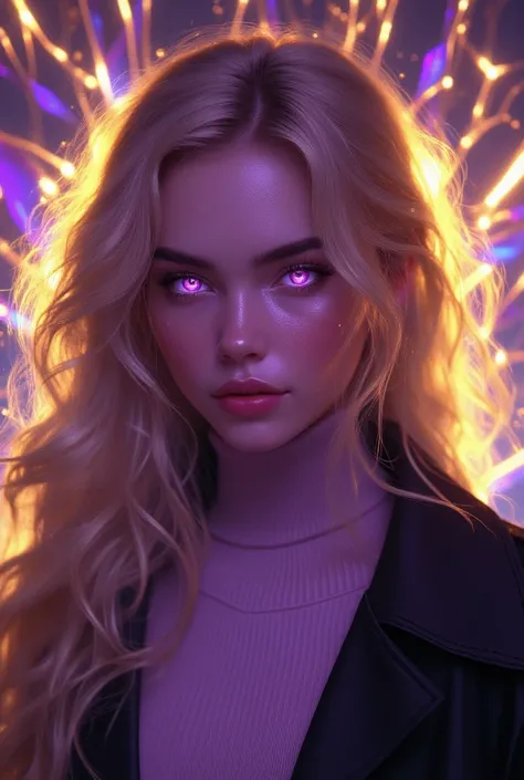 a photorealistic girl who can use light magic with silky  and curly long vibrant shimmering golden hair , and (mesmerizing amethyst ping glowing eyes),she has thin eyebrows and her eyebrows and eyelashes are  also golden, (perfect V-shaped jawline, there i...