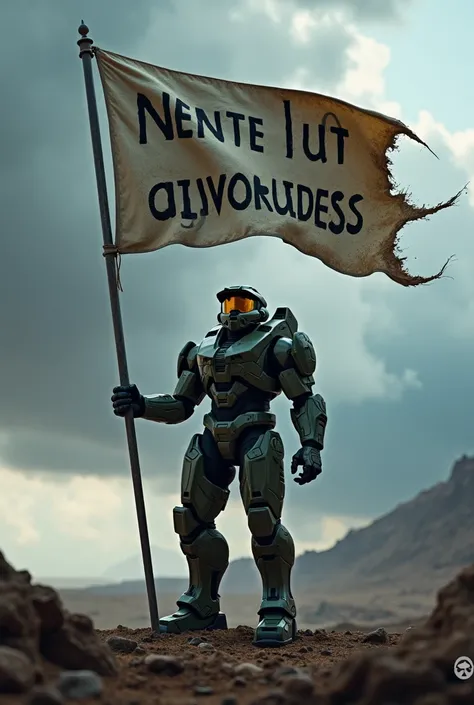 Create an Image of the Master Chief holding the written Flag "Im Autistic and Proud!"