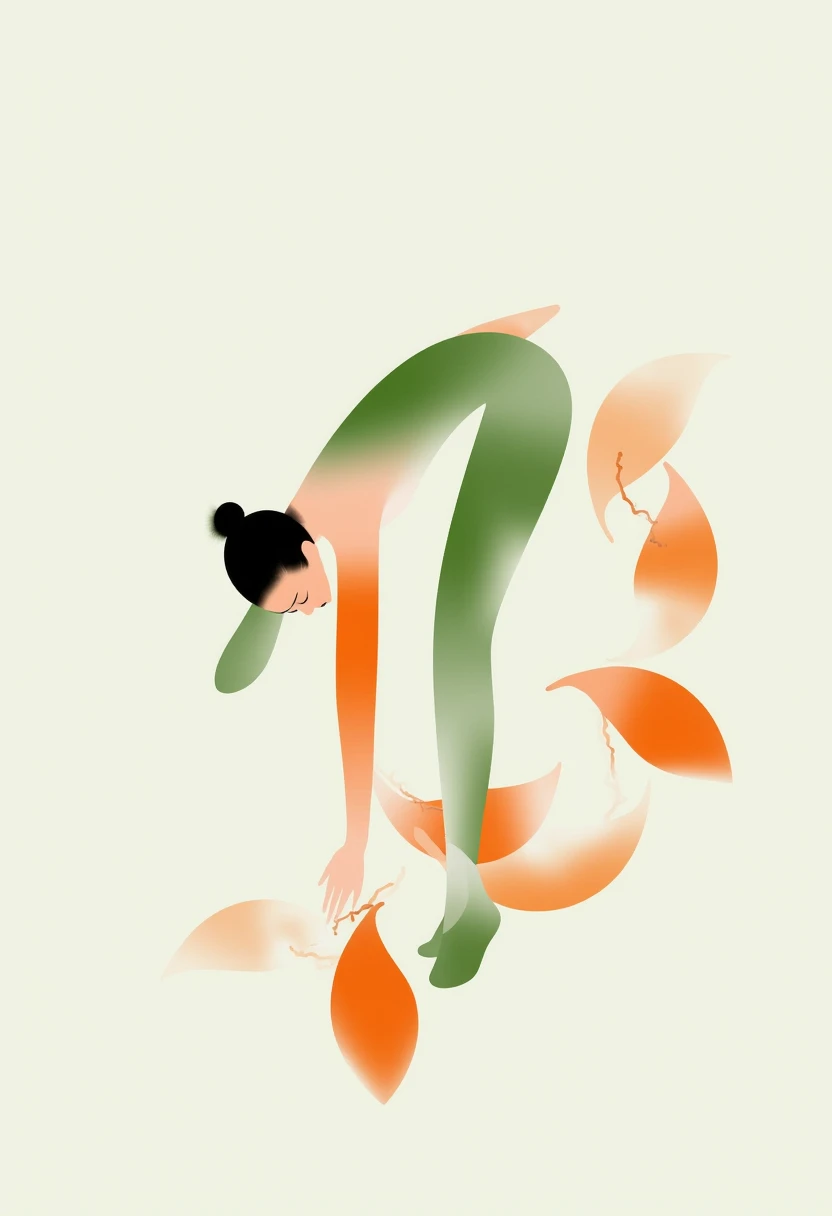 CEA, An abstract and elegant artwork depicting a stylized woman leaning forward gracefully. The figure features elongated,flowing arms resembling water currents,surrounded by soft,curving shapes. The color palette blends pale green,warm orange,and black,ev...