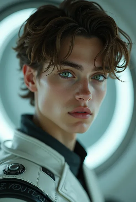  Teenage male , no beard,  green eyes,  brown hair , face and features perfect soft lips sculpted,  jaw and well-defined cheekbones divine beauty, Divine Aura . In of a spaceship
