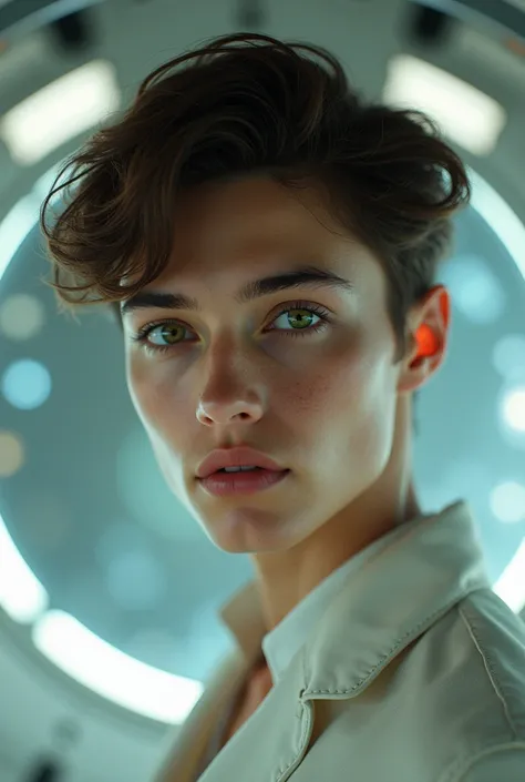  Teenage male , no beard,  green eyes,  brown hair , face and features perfect soft lips sculpted,  jaw and well-defined cheekbones divine beauty, Divine Aura . In of a spaceship
