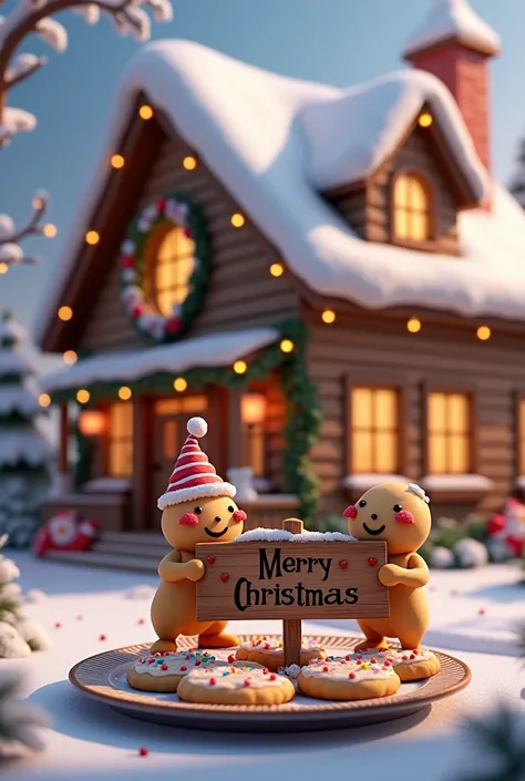 Now make a Christmas house and a Christmas cookie holding a sign saying Merry Christmas Miguel and Ana 