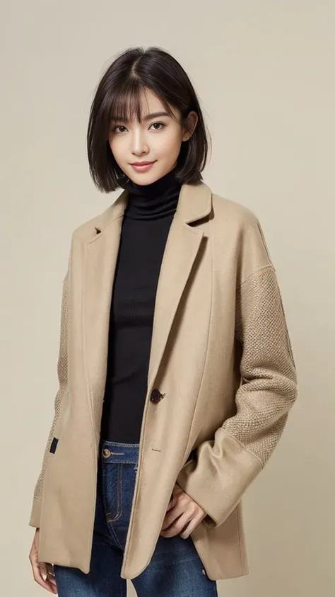 ( top quality :1.5), ( real:1.4), ( Ultra Fine:1.4), (1woman), (sharp face), (skinny), (skinny body), (super flat and small chest:1.2), (a beige coat over a black turtleneck long sleeve shirt and jeans), (tall), (bangs), (medium hair), (smile), (woman with...