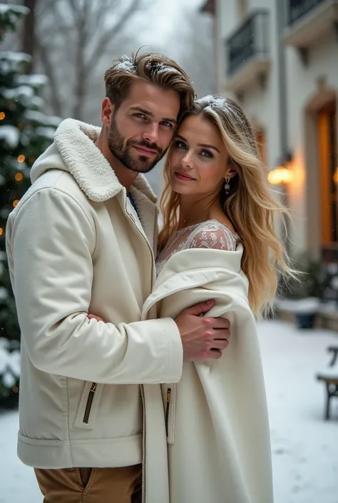  Create an image of a couple .  Its a snowy winter day . A mulher Sydney Sweeney,  long wavy hair natural blonde  ,  green eyes, lavishing luxury ,  with your 21-year-old male boyfriend , Thëëo Jamës ,  very tall and strong ,  Broad shoulders, strong physi...