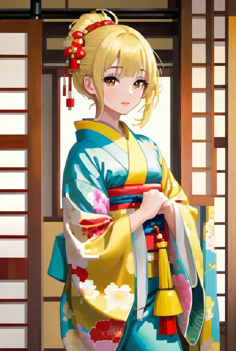  Japanese, beautiful girl, model body type, cute, yellow hair,Wearing twelve-layered kimono