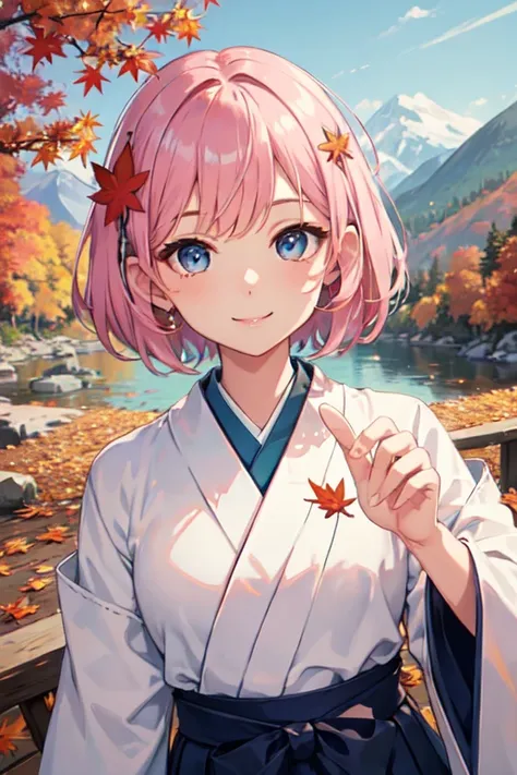 (( top quality )), ((masterpiece)), ( Details), pink hair, blue eyes, round eyes,Short Hair,Autumn leaves hair ornament,smile, is white、 and the bottom is blue hakama, shoulder out,The color of the clothes on the background of autumn leaves and mountain st...