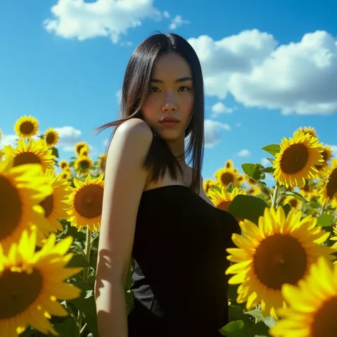 Ultra-realistic photograph of a stunning woman standing in a vibrant sunflower field. She is wearing a flowing black dress with soft fabric details, her black hair cascading loosely, gently swayed by the wind. The sunflowers are vivid and radiant under gol...