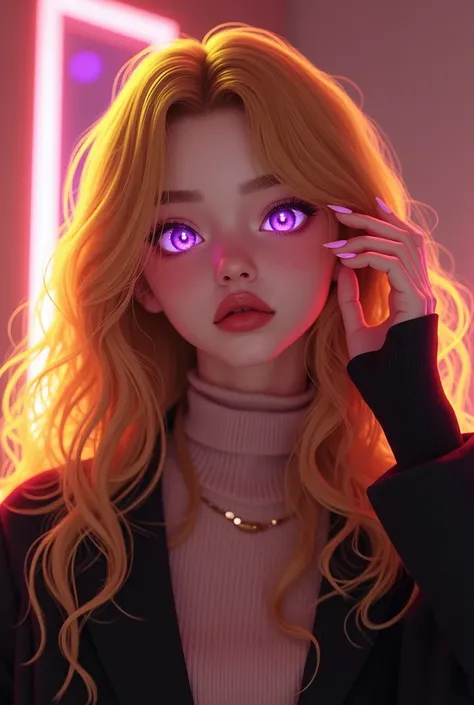 a photorealistic girl who can use light magic with silky  and curly long vibrant shimmering golden hair , and (mesmerizing amethyst ping glowing eyes),she has thin eyebrows , (perfect V-shaped  and sexy jawline, there is a neon lighting from top left,she i...