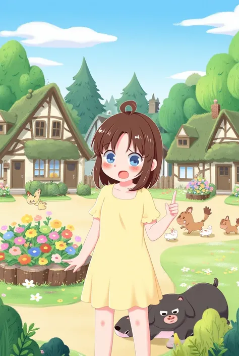 "A cheerful  with shoulder-length brown hair, standing confidently in a simple pastel dress."
"She pointed with her finger and looked angry."
"Set in a lively village square with cozy cottages, lush green trees, and a bright, sunny sky."
"The background in...