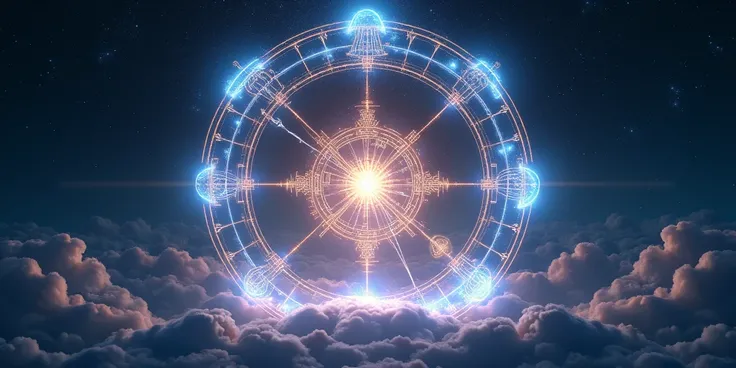 Under the cosmic starry sky, ， Many are depicted by the light in the shape of instruments of various sizes and radially combined into a single light wheel