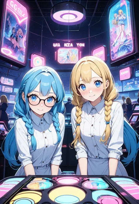 Shown side by side, (2 girls are beautiful and charming body style), (Each girl has a unique appearance). BREAK. (First girl is ultra cute, cute smile, blue hair, forehead long hair, cute blue eyes, small tits) and (another second girl, surprise face with ...