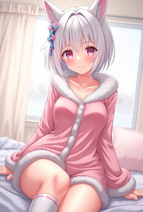 Snow-white skin ,light pink eyes , short white hair with bangs,pink fur shirt pajamas , pink mini pajama shorts , knee-high white and pink socks,I put on , Big breasts ,Adult anime 