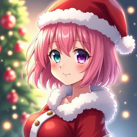 anime art style, first shot, Profile picture, female character, pink short hair, left eye turquois, right eye purple, wearing a santa claus custome, christmas lights background