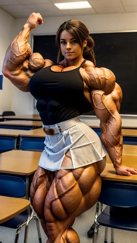 A super-realistic full-body depiction of a highly muscular woman. She resembles a professional bodybuilder with ultra-thick, voluminous, and well-defined leg muscles and a slim, sculpted waist. Her abdominal muscles are sharply defined, emphasizing her ath...