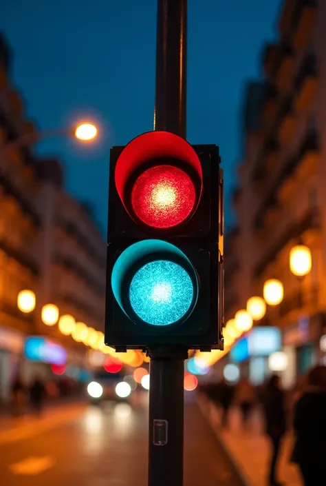 A photo of Argentina , BUENOS AIRES,  that is in front with a traffic light ,  illuminating most of the street with streetlights and that is taken from a cell phone