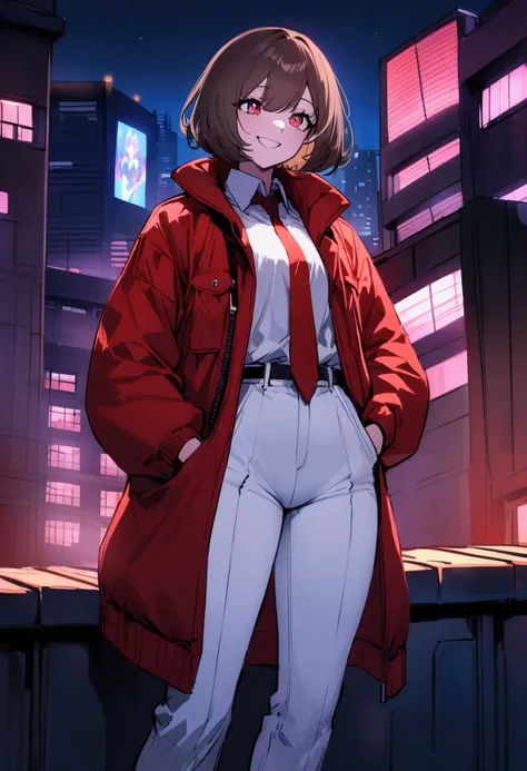 a Very Tall and pretty Anime adult Girl (about 175 cm in height) in a cyberpunk background rooftop in the night with a happy smile, Taller, 175 cm tall, happy, light red eyes, a little messy brown trimmed bob cut hair, red jacket, white shirt and a poorly ...