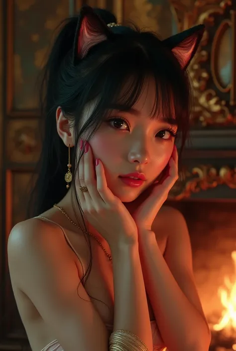 cat ears、  raise your face、(((  bed)))、Completely naked、   charming,    cute girl,  ponytail、  ((    Delicate Facial Features  ,  eroticism)),   Dramatic lighting    ,   realistic  , 8k,      dramatic shadows  ,      Intricate and Elaborate Patterns       ...