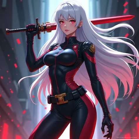 Anime girl, smart, dressed in a tight outfit, commander, wearing a hat, long white hair, holding a sword, red eyes