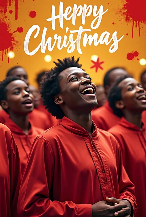 Design a red colourful flyer that has a copy wishing people a merry christmas, using a playful font. Use an image of black Nigerian choristers wearing robes. 