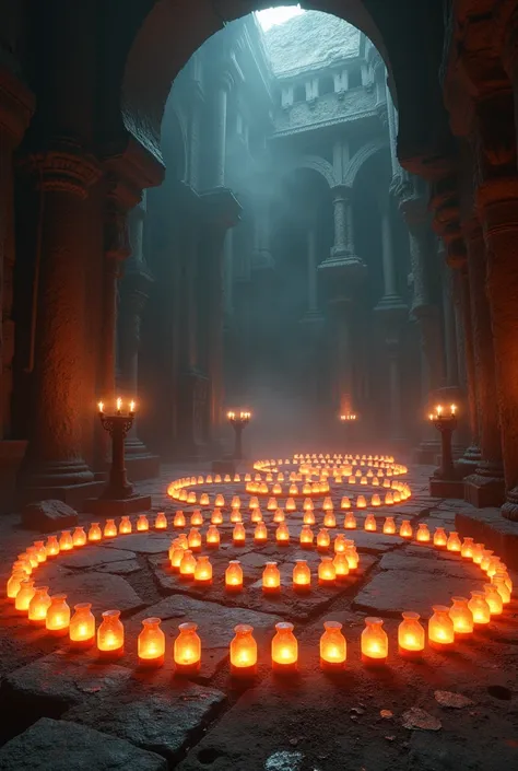 A hyperrealistic, high-detail depiction of an ancient, cavernous chamber with an ominous and mystical atmosphere. The space is vast and dimly lit, with towering walls shrouded in shadows. Rows of glowing jars or vessels are meticulously arranged in circula...