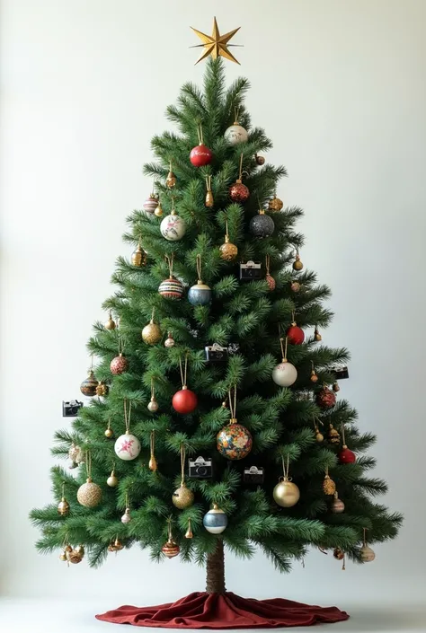  Christmas tree with photographic accessories integrated into the branches, maintaining a clean design for vertical format like story . What a merry Christmas day 
