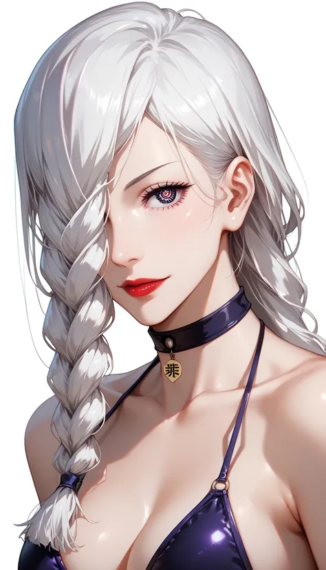 mei mei jujutsu kaisen,white hair,long hair,hair over one eye, red lips, A long braid hangs down from my forehead, long white hair, purple detailed sparkling eyes, sexy bikini ,Score_9, Score_8_up, Score_7_up, Score_6_up, Score_5_up, Score_4_up, Source_ani...