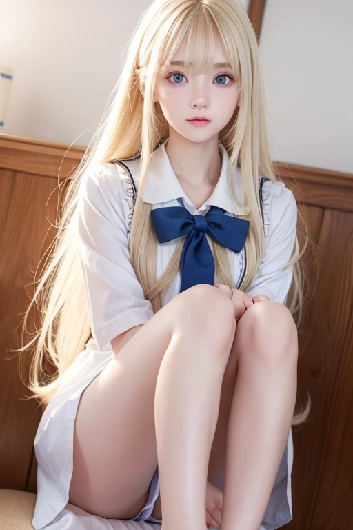 Very beautiful girl with long bright blonde hair、 beautiful 18-year-old Scandinavian girl 、Bangs above the eyes、Blond hair on the face 、 blond hair that is popular on her face 、Extremely beautiful face 、 gentle bright expression 、 showing off super long st...