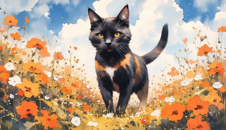 a calico cat walking through a flower field, watercolor painting, conceptual art, by Rory Greasley, most beautiful scenery, wide perspective, just a joke, visually stunning scene, black cat, amazing background, (best quality,4k,8k,highres,masterpiece:1.2),...