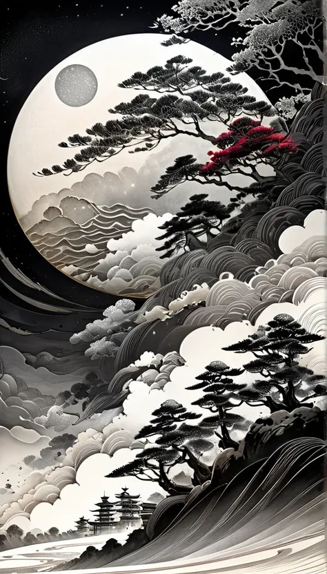 monochrome, pencil drawing, sumi-e, ink painting, Ukiyo-e, Japanese painting, woodblock print, fusion of watercolors and oil paintings, fusion of paper cutting and shadow puppetry, huge red full moon, space, cosmic rays, landscape images and effects from t...