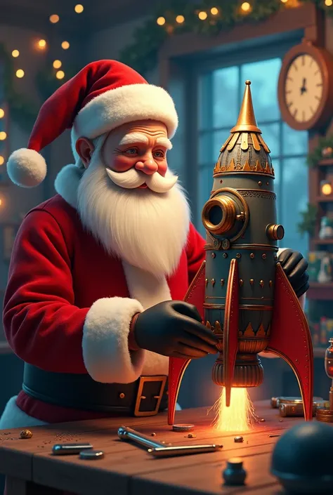 Santa Claus repairing a made-up rocket