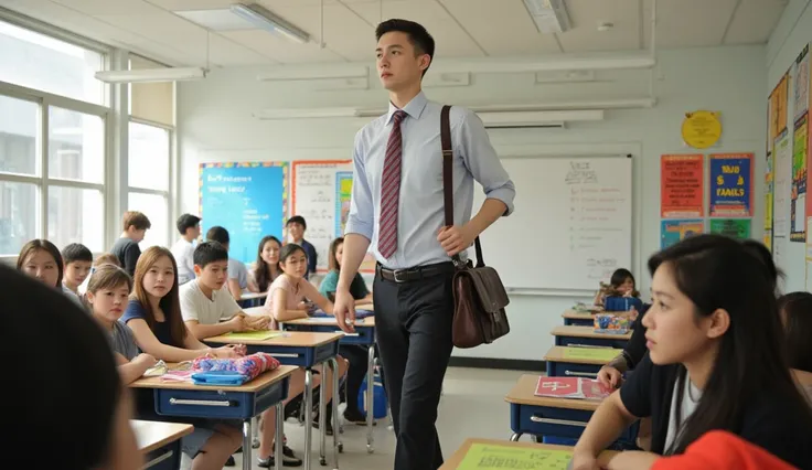 Baron(Young tall man with soft face, white, blue eyes, brown hair) walks into a bright, modern classroom. The walls are lined with colorful educational posters, and sunlight streams through the windows. Baron is dressed neatly in a pressed shirt and tie, c...